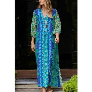 Johnny Was Vibrant Blue and Green Maxi Dress NWT Size XS